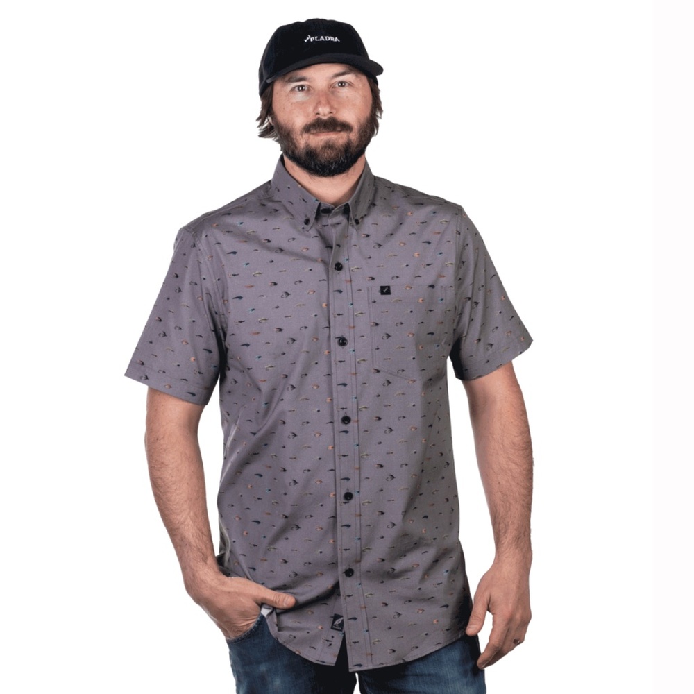 Pladra Men's S/S Printed Outdoor Aloha Shirt Steelhead Flies Fishing Lures MED